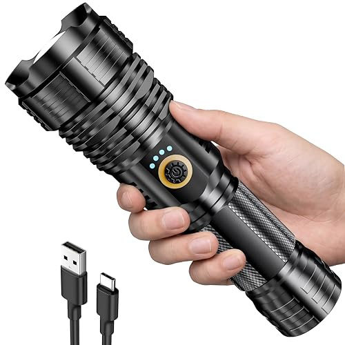 Amzyigou LED Taschenlampe 10000 Lumen, Extrem Hell Taschenlampen 5 Modi Aufladbar USB-C, Zoombar Taschenlampe Batteriebetrieben, IPX67 Wasserdicht für Camping Wandern Notfälle(Medium-P70)