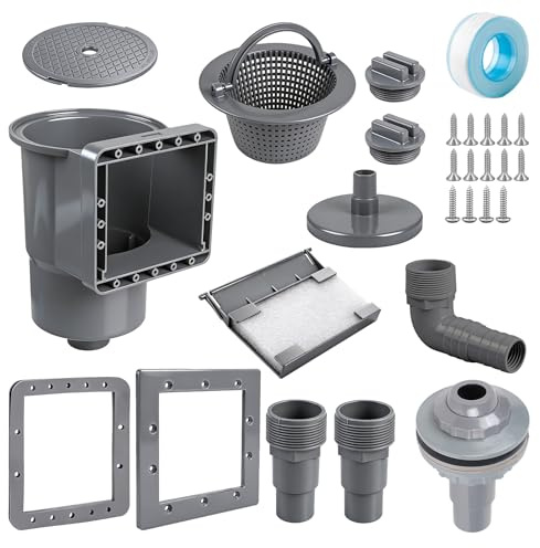 efuturetime 10-TLG. Einbauskimmer, Skimmer Pool Set, Einlaufdüse Großem Skimmer Korb Schlauchanschluss 32/38mm Winterverschlussklappe für Stahlwandpools Aufstellpool Poolreinigung Wasserpflege, Grau
