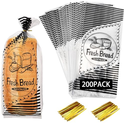 Lawei 200 Pack Plastic Bread Bags for Homemade Bread with Ties, 18 x 8 x 4 Inch Clear Reusable Loaf Packing Bags, Large Fresh Bread Printed Bakery Bag for Sourdough, Sandwich, Bagels, Pastries, Bakers