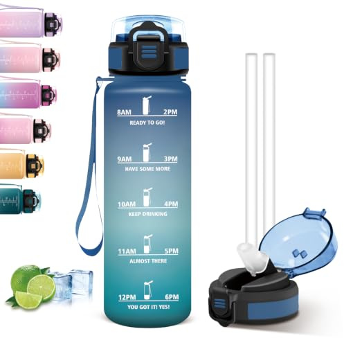 Gourde 1l, Gourde Paille, Anti-Fuite, Bouteille Sport, pour Trekking, Yoga | Gourde Graduée, Marqueur de Temps, Verrouillage de Sécurité, Facile à Nettoyer, Bouteille d'eau pour Musculation, Yoga
