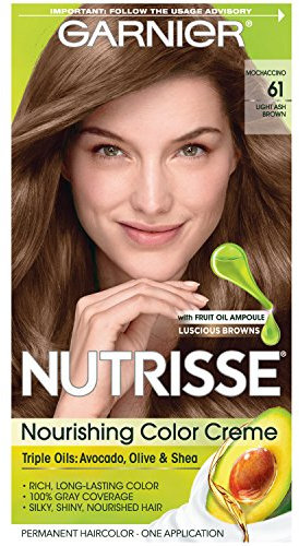Garnier Nutrisse Nourishing Hair Color Creme, 61 Light Ash Brown (Mochaccino) (Packaging May Vary)