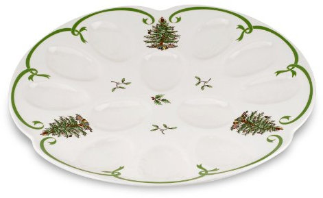 Spode Christmas Tree Deviled Eierteller | 13 Zoll Eier-Servierplatte mit Weihnachtsbaum und Mistelzweig Motiv | aus feinem Porzellan | spülmaschinen- und mikrowellengeeignet