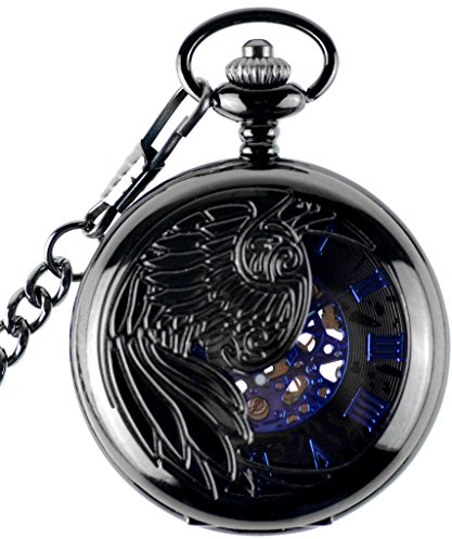 Infinite U Schwarze mechanische Taschenuhr für Herren Jungen Adler/Engel/Blauer Phönix Römische Ziffern Zifferblatt Römischen Ziffern Zifferblatt Skelett Taschenuhr mit Zwei Ketten