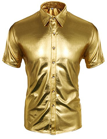 Cusfull Herren Hemd Metallic Glänzend Kurzarmshirt Glitzer Schlank Fit Kostüm für Nightclub Party Tanzen Disco Halloween Cosplay