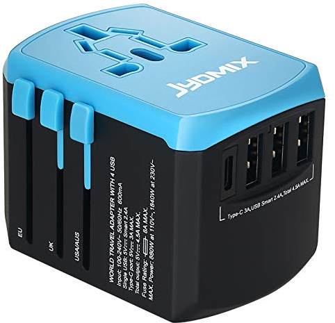 All in One Universal USB Travel Power Adapter with 3 USB Port and Type-C International Wall Charger Worldwide AC Power Plug 8 Pin AC Socket for Multi-Nation Travel UK, EU, AU, Asia