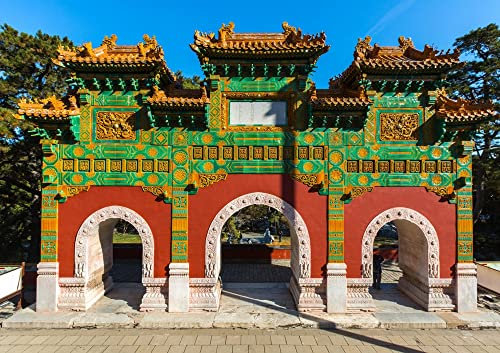 hansepuzzle 34075 - Chinesisches Tor Puzzle 130 Teile - Gebäude Puzzle mit hochwertiger Aufbewahrung: Kartonbox und wiederverschließbarem Beutel - Format 28,7 × 20 cm