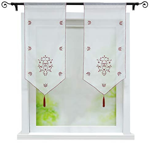Joyswahl Scheibengardine Voile Bistrogardinen mit Quaste, Stickerei Blumenmotiv Erna Kurzstore mit Tunnelzug BxH 40x90cm Winerot 1er Pack