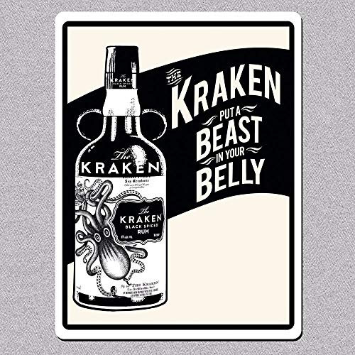 BigBazza Novelty Retro Vintage Wall tin Plaque 20x15cm - Ideal for Pub shed Bar Office Man Cave Home Bedroom Dining Room Kitchen Gift - Kraken Rum Belly Beast drink Drinking Metal Sign