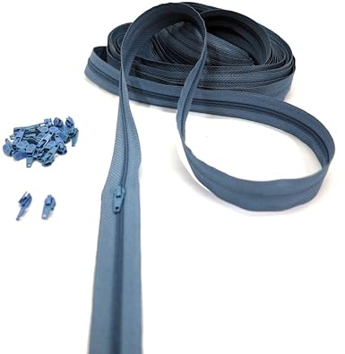 Cerniere Lampo al Metro in Nylon, Catena Continua, 20 Colori a Scelta, Zip in Metallo, 7 Lunghezze, 4 mm 100% Poliestere, Made in Italy (Blue Avio, 2 m + 5 Cursori)