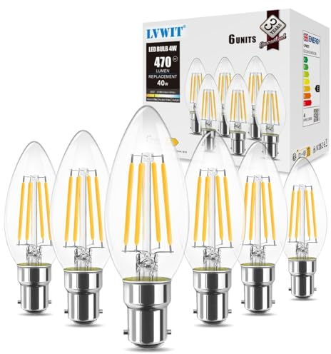 LVWIT B15 LED Filament Candle Bulb,4W C35 Small Bayonet Bulb 40W Incandescent Bulbs Equivalent, 470Lm, 2700K Warm White Candle B15 Bulbs Small Bayonet,220-240V,Non-Dimmable,(35MM*97MM/ 6 PCS)
