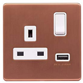 Lieber Brushed Copper 13A 1 Gang Switched Plug Socket (3.1A) USB Outlet - White Insert Screwless