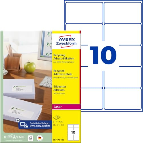 AVERY Zweckform LR7173-100 Recycling Etiketten (1.000 Adressaufkleber, 99,1x57mm auf A4, 100% recyceltes Altpapier, bedruckbar, selbstklebend, für C4/C5 Briefkuverts) 100 Blatt, naturweiß