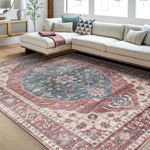 Taleta EMILY Washable Rugs for Living Room Large Red Vintage Boho Rugs for Bedroom Non Slip Soft Short Pile Traditonal Area Carpet for Kitchen Dining Room (Red, 240 x 340 cm)