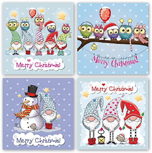 Charity Christmas Cards. Pack of 24. Each Christmas Card Multipack has 4 Different Gnomes & Owls Designs. Ecofriendly and UK Made. Blank Inside. 115 x 115mm Card Size.