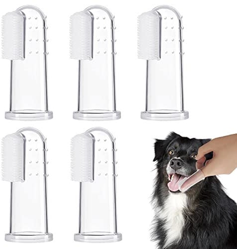 BLMHTWO 5 Pieces Dog Toothbrush Dog Finger Toothbrush Transparent Cat Toothbrush with Silicone Bristles and 16 Round Particles Thicken Silicone-Layer Flexible Reusable Teeth Cleaning for Small Pets
