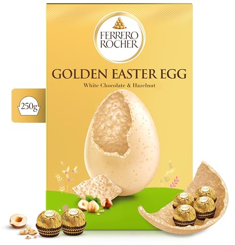 Ferrero Rocher - Uovo di Pasqua 2026 al Cioccolato Bianco con Granella di Nocciole, 6 Specialità Ferrero Rocher Incluse, Idea Regalo Pasqua, Confezione da 250 g