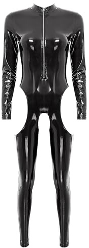 Alvivi Damen Jumpsuit Wetlook Langarm Ouvert Body Leder-Optik Ganzkörperanzug Catsuit Overall Ouvert Hose Tight Leggings Party Clubwear