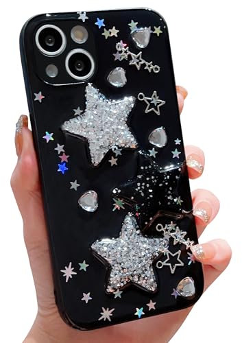 HZLFCZL Compatible with iPhone 15 Plus Case,cute kawaii cartoon glitter 3D star crystal heart pattern design lens protection sparkly phone case for iPhone 15 Plus for women girl-Black