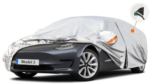 Kayme Autoplane Wasserdicht Atmungsaktiv für Tesla Model 3 (2017-2025), 6 Schichten Vollgarage Autoabdeckung für Regen Sonne Staub Schutz Verkratzt, Autoabdeckung mit Reflektierenden Streifen.