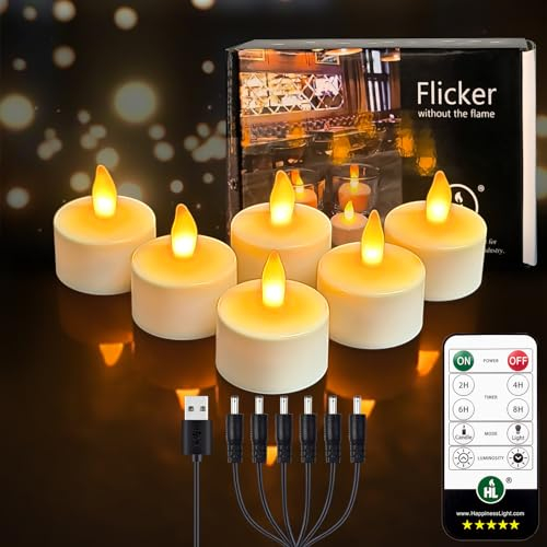 HL Wiederaufladbare LED Kerzen,50+Stunden Aufladbare Teelichter mit Fernbedienung und Timer, Dimmbare LED- Akku Teelichter,4 x 4.7cm Flackernde Votivkerzen Heimdekoration, 6Stück, Bernstein
