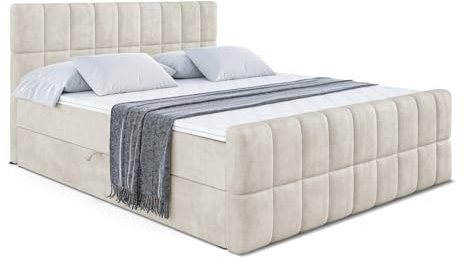ALTDECOR Boxspringbett mit Matratze und Lattenrost, Boxbett, Topper, Fußteil, Polsterbett mit Bettkasten, Bett mit Stauraum H3-Matratze, Doppelbett, Springboxbett - Miami-Z - 200x200 Beige Samt