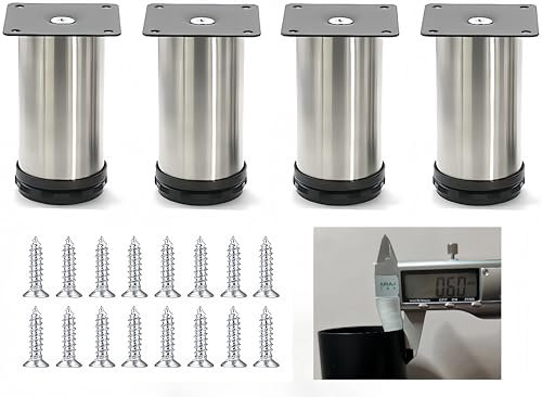 MIEGUIWOR 4 pièces Pied de Meuble,Pieds de Meuble Reglable Acier Inoxydable,Pied Meuble Salle de Bain Bureau Meuble Cuisine,Hauteur Réglable 0-15 mm,16 Vis Acier Inoxydable (Argenté,30cm)