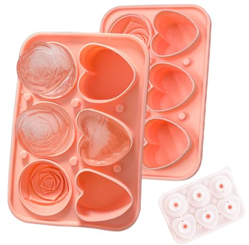 Pulsky 2 Stück Eiswürfelform, Rosa Eiswürfelbehälter, Eiswürfel Silikon BPA-frei, 3 Rosen und 3 Herzen Eiswürfelbehälter mit Deckel, Eisgitter DIY- Eiswürfel für Cocktails, Whisky, Kaffee, Getränke