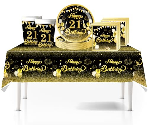 RONGZUBAT 41Pcs Black Gold 21st Birthday Party Tableware Set Plastic Table Cloth, Paper Plates Napkins, 21st Birthday Table Decorations