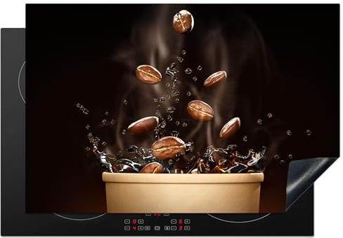 KitchenYeah© Protezione Piano Induzione Cucina Copri Fornelli Proteggi | 77x51 cm - Cottura Antiscivolo Tappetino Caffè - Chicchi - Tazza
