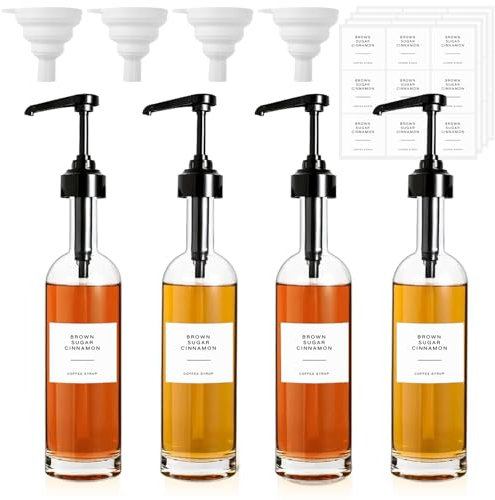LOPYXBR 4 PCS 25 Oz Glass Coffee Syrup Dispenser 750 ML Glass Syrup Bottle With Pump And Labels Black Coffee Syrup Pump Dispenser Glass Coffee Syrup Dispenser 750 Ml Glass Bottles for Syrup