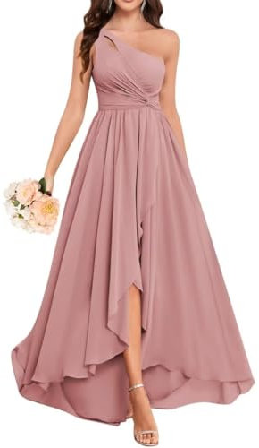 KURFACE Robe de demoiselle d'honneur asymétrique pour femme - Robe longue en mousseline de soie froncée - Robe de fête de mariage, vieux rose, 54 plus