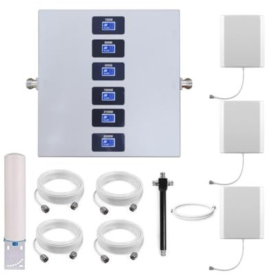 KKBSTR Amplificador Señal Movil 2G/3G/4G/5G, 6 Bandas 700/800/900/1800/2100/2600MHz, Tres Antenas Interiores