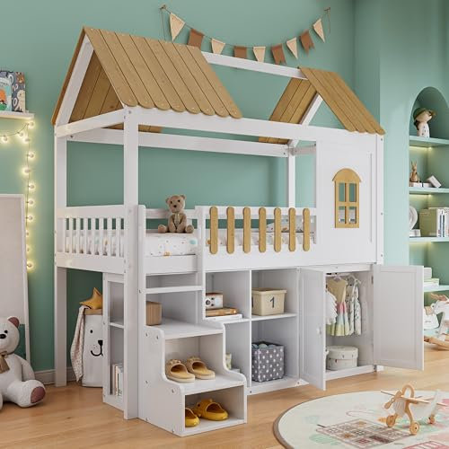 Rtopsu Letto per Bambini a Castello 90x200 cm con Contenitore Credenza, Letto per Ragazzi con Protezione Anticaduta e Scala, con Rete a Doghe, Naturale e Bianco, Senza Materasso