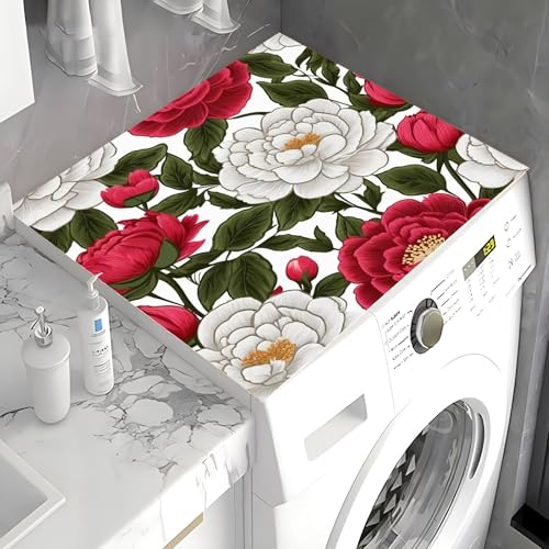 Morbuy Housse de Machine à Laver, Fleurs Rouges Impression Tapis de Protection Antidérapant Séchage Rapide Couverture Machine pour Machines à Laver, RéFrigéRateur, Sèche-Linge (50x60cm,Rouge)