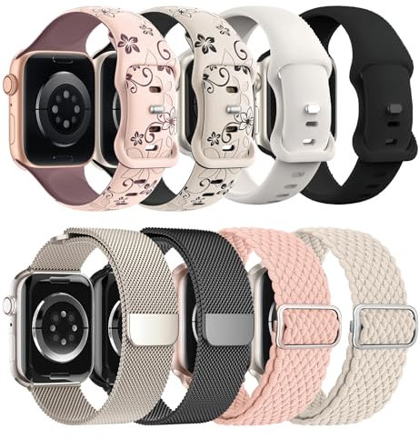 8 Pack Compatible with Apple Watch Ultra 2 Band 49mm 46mm 45mm 44mm Men Women,Engraved Flower Silicone+Sport Band+Milanese Loop+Braided Nylon for iWatch Ultra2/Ultra Series 10 46 mm/9/8/7/6/SE/5/4/3