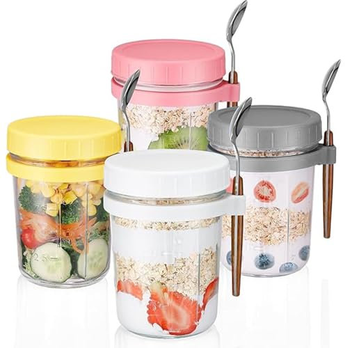 Roysmart 4 Stück Overnight Oats Gläser mit Deckel, 360ml Einmachgläser aus Glas Messmarken Vorratsbehälter mit Deckel und Löffel, Meal Prep Gläser für Hafer Getreide Obst Milch Salat Joghurt