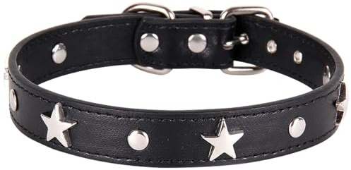 Suiecuor Lederhalsband Hund Welpenhalsband mit Metall Pentagramm Dekoration Halsband Hund Geeignet für kleine mittlere Hunde und Katzen Schwarz S