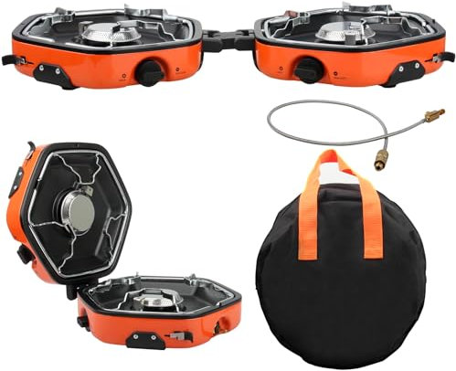 ANQIA Foldable Camping Stove Portable Propane Camp Stove for Camping, Backpacking With 17,000 BTU 2 Adjustable Burners Piezo Ignition for Outdoor BBQ (Orange)