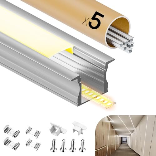 GEEKLUX 5 Set LED Profil für Trockenbau 2 m (Gesamt 10 m) Eingebauter U-Profil LED Kanal für led Streifen bis 12 mm, Größe: 26,7 x 10 mm, Ideal für Einbauschränke und Deckenmontage