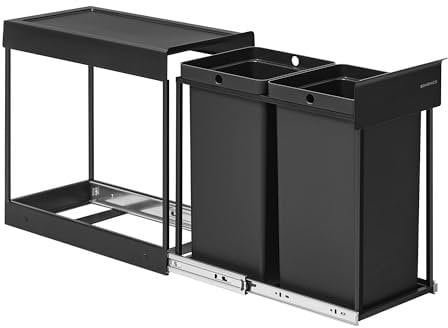 SONGMICS Poubelle de Tri Sélectif, Poubelle de Cuisine Extractible Coulissante, 2 Seaux de 15 L, Coulissement en Douceur, Structure en Acier, Couvercle en ABS, Noir d'Encre LTB950B01