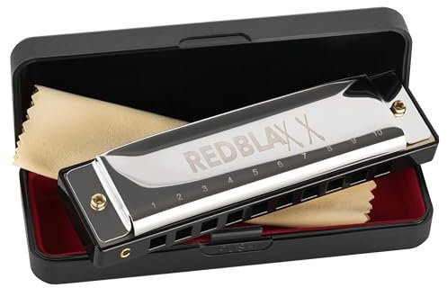 RedBlaxx 10-Loch Mundharmonika – Einsteigerfreundliches Blues Harp Set mit Pflegetuch & Transportbox – Perfekt für Anfänger & Musikliebhaber
