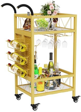 Drinks Trolley for Home, 4 Lockable Wheels Serving Trolley with Handles, Have Wine Rack and Glass Holder Serving Trolley for Kitchen Party Dining Room, Gold