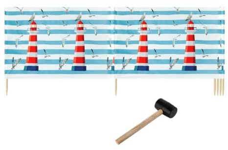 Ladeheid Windschutz Strand Strandzubehör Sichtschutz Holzstäbe LAEX001 | Mit Gummihammer, Strand Sichtschutz für Camping, Windfang im Sand, maritimes Muster, praktisches Strandzubehör mit Holzstäben