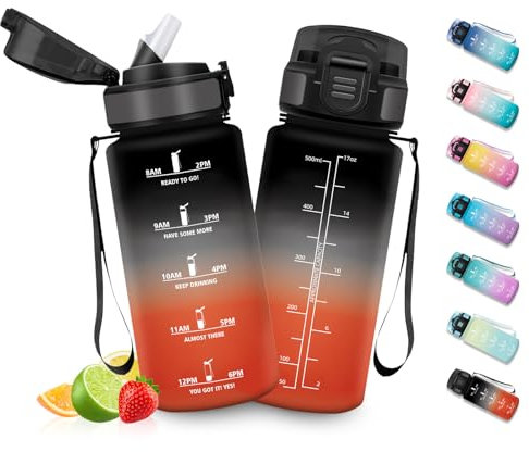HoneyHolly Gourde Enfant 500 Ml, sans BPA, Water Bottle avec Paille, Anti-fuite, Bouteille d'eau Motivante avec Marqueur de Temps, Gourde Graduée, Bouteille pour Gymnase, École, Cyclisme
