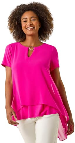 Roman Originals Ring Front Chiffon Overlay Tunic Top for Women UK - Ladies Everyday Autumn Winter Round Neckline Comfy Soft Evening Vacation Work Party Night Out - Cerise - Size 14