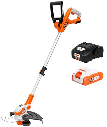 RURIS Trimmer Coupe-Bordure sans Fil 2024e - Moteur Électrique avec Balais, Diamètre de Coupe 300 mm, Batterie Li-ION 20V 4Ah et Chargeur Inclus, Orange