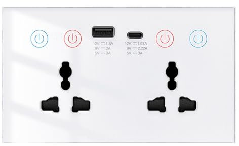 Fegtrtyoa Enchufe Inteligente Tuya Wi-Fi con USB Tipo C, Enchufe de Pared Universal 4 en 1, Monitor de Potencia, Interruptor Táctil, Color