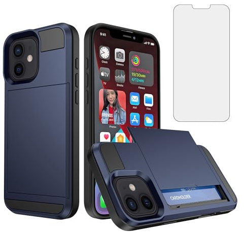 Asuwish Phone Case for iPhone 12 Mini 5.4 with Tempered Glass Screen Protector Cover and Card Holder Full Body Protective Shockproof Cell Accessories iPhone12mini 5G i 12s iPhone12 12mini Navy Blue