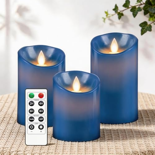 AiiBowy LED Candles Flickering [Set of 3] - Real Wax Pillar Flickering Battery Candles, Battery Operated, Flameless Candles with Remote Control for Halloween Christmas Party Decorations - Blue
