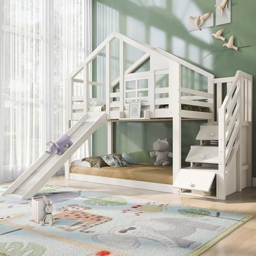 Generisch Bett Etagenbett 90x200 cm für 2, Hausbett Hochbett mit Rutsche & Treppe Staufach Stauraum, Holzbett Bettgestell mit Rausfallschutz und Lattenrost, Fenster, Ohne Matratze, Weiß